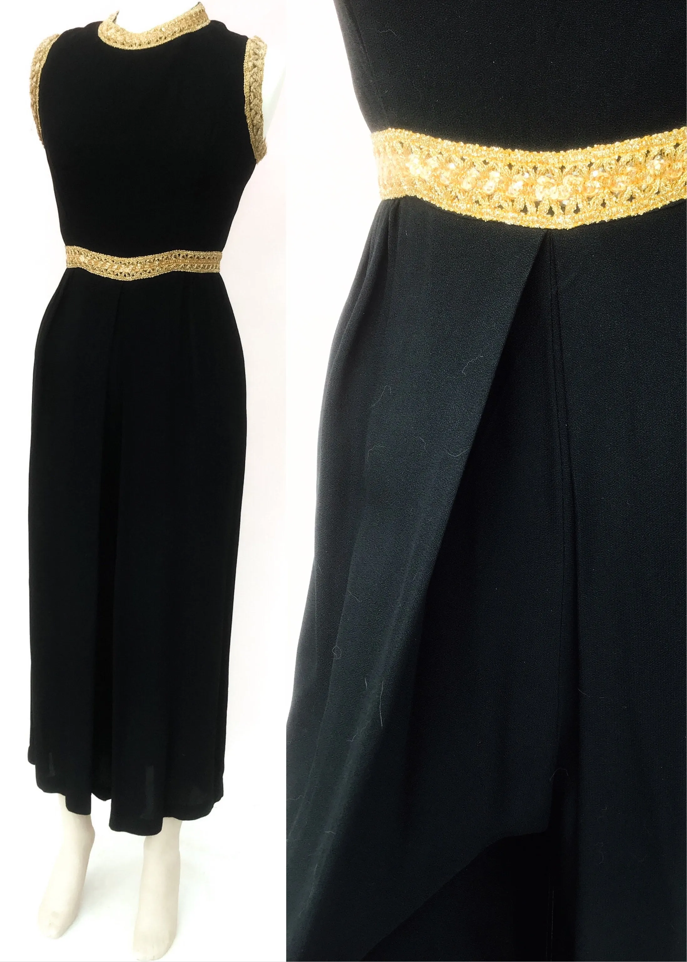 1960s Vintage Black & Gold Sleeveless Crepe Culottes Jump Suit • UK size 10 • Disco