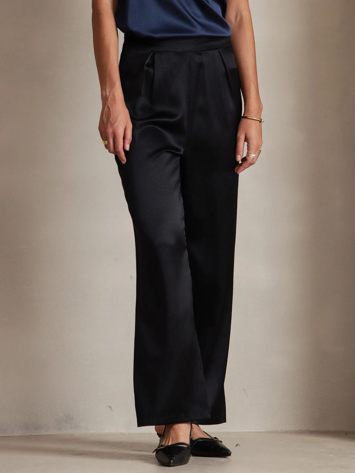 19Momme Silk Solid Color Casual Wide Leg Pants