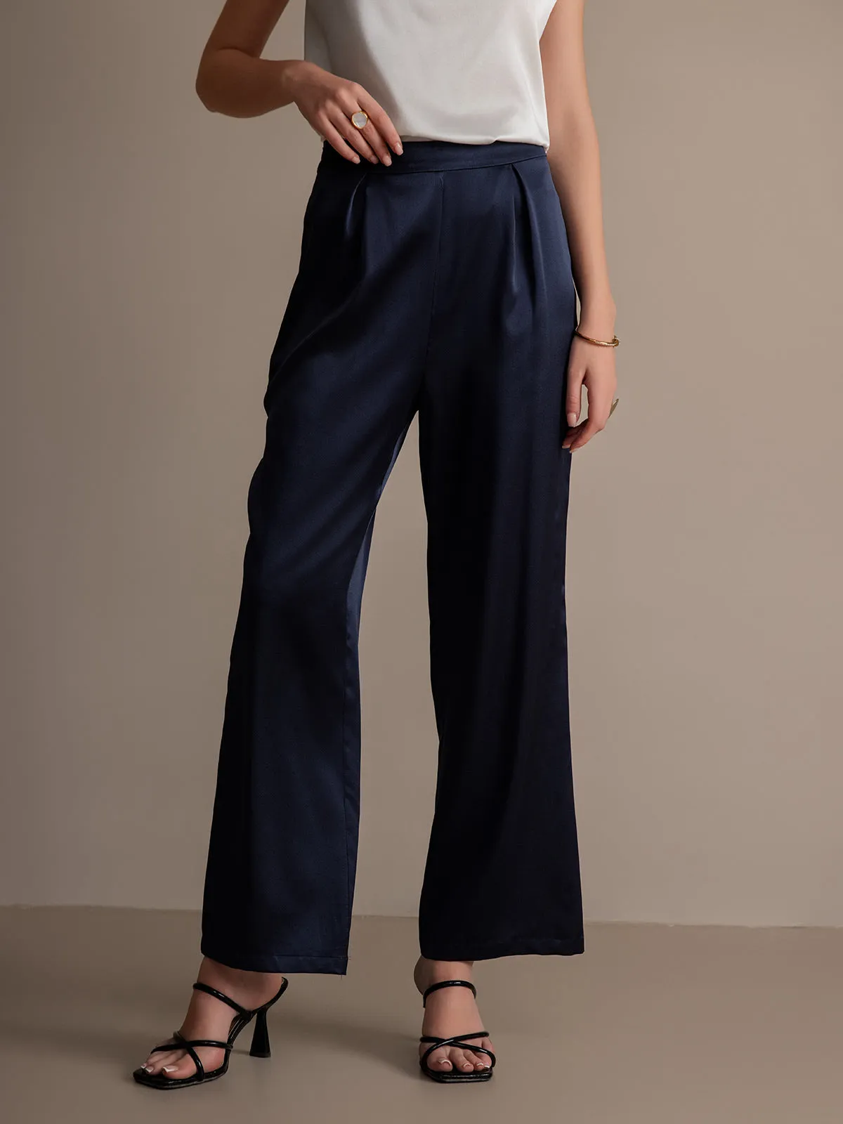 19Momme Silk Solid Color Casual Wide Leg Pants