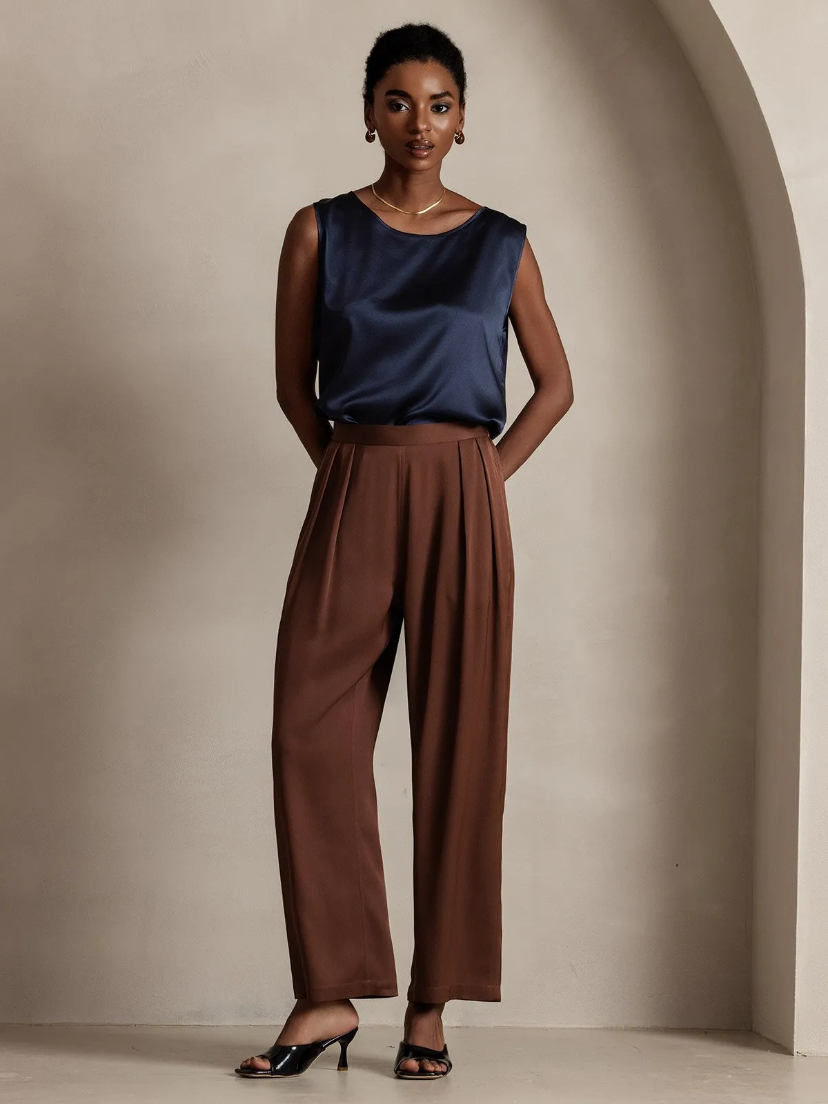 22Momme Timeless Pleated Wide-Leg Silk Long Pants