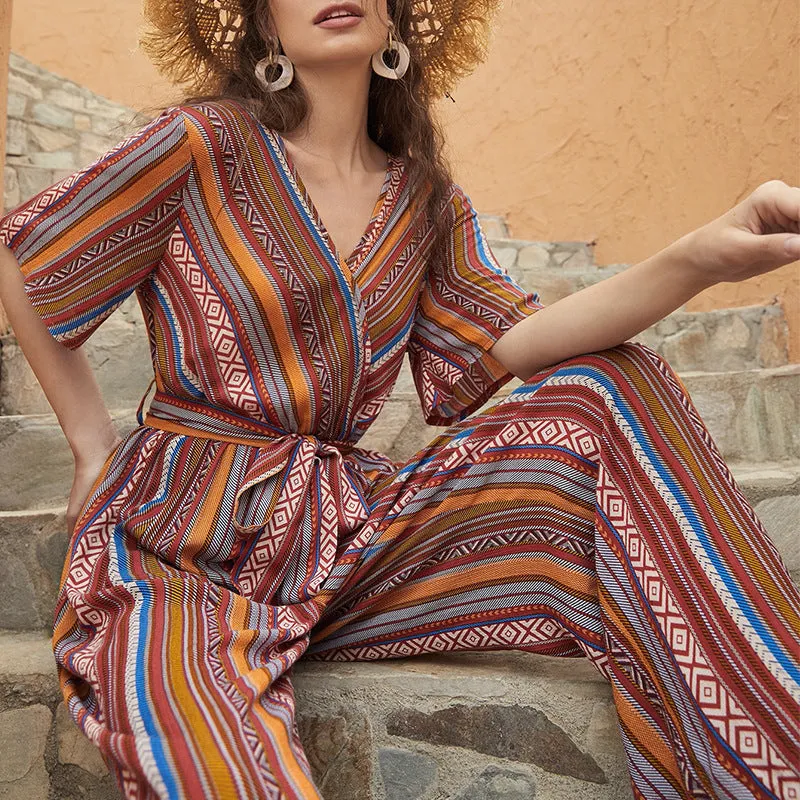 70s style Bohemian Jumpsuit Ladies Chic Waist