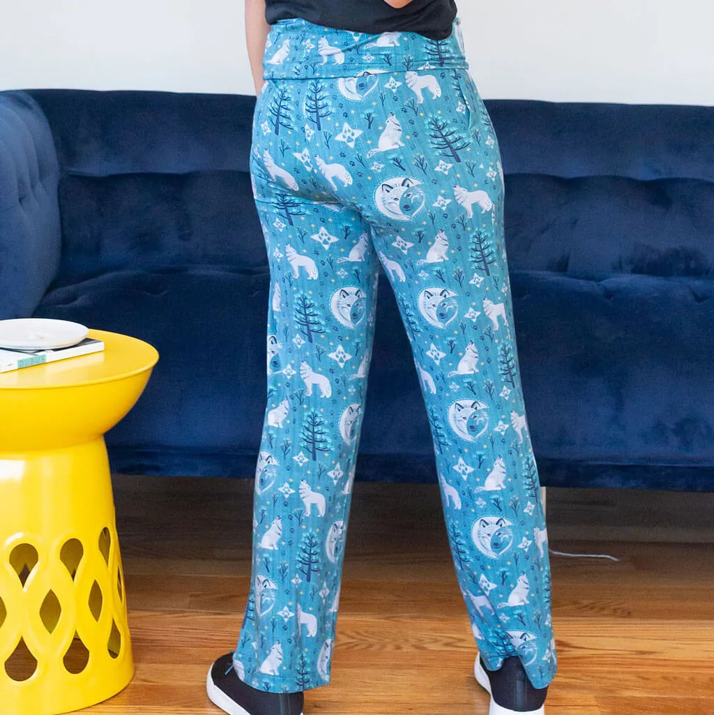 Adult "Night Howl" Wolves Foldover Straight Leg Lounge Pants with Pockets