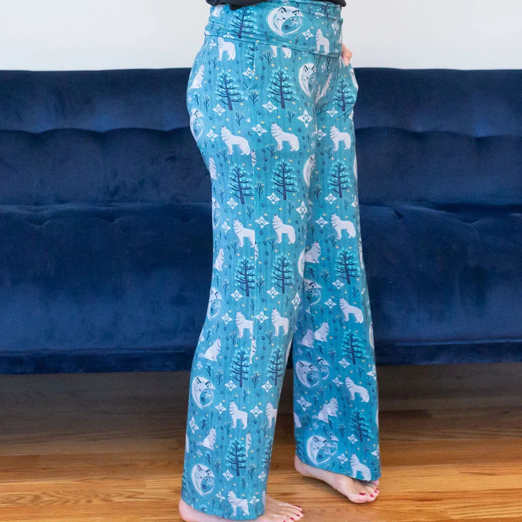 Adult "Night Howl" Wolves Foldover Straight Leg Lounge Pants with Pockets