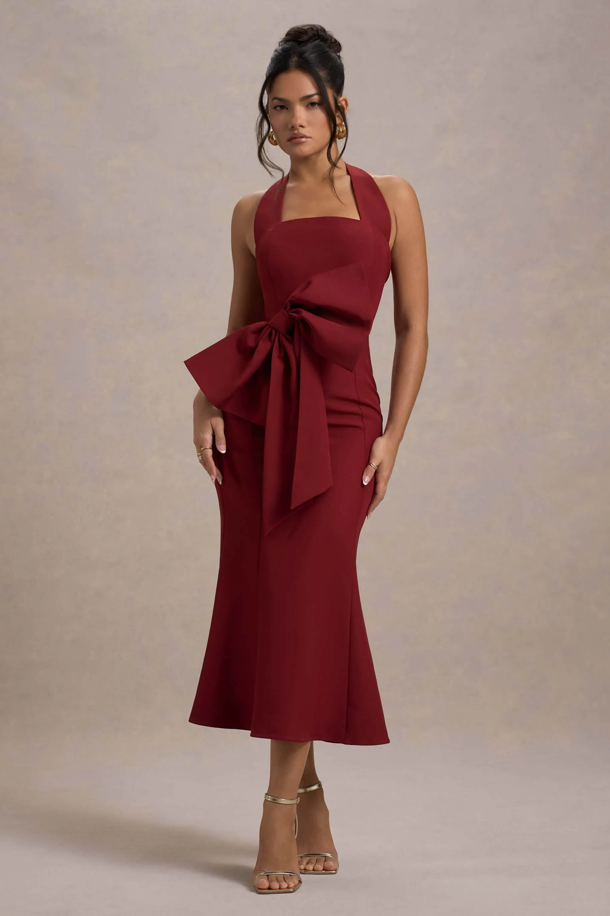 Aman | Berry Halter-Neck Midi Dress With Oversized Bow