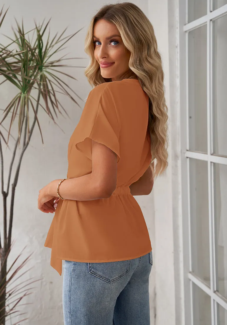 Amber Brown Women's Short Sleeve Office Blouse Button-Down Shirts