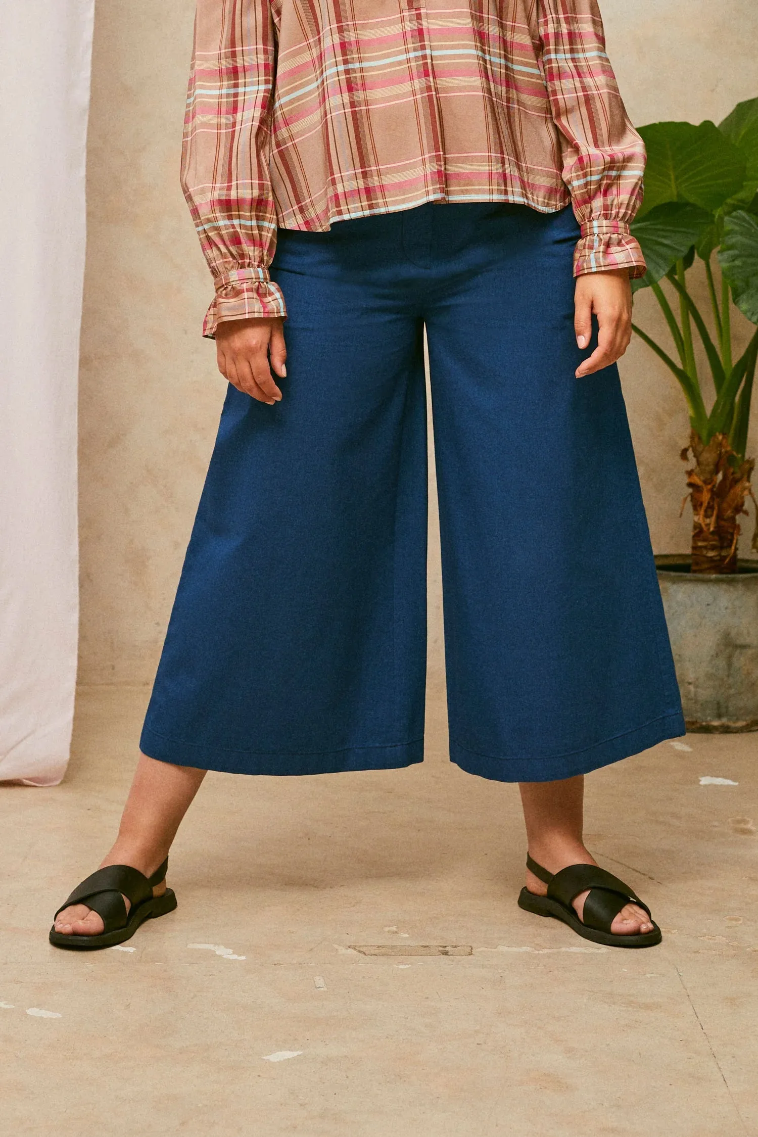 Amelia Wide Leg Culotte Trouser, Japanese Denim, by Saywood.