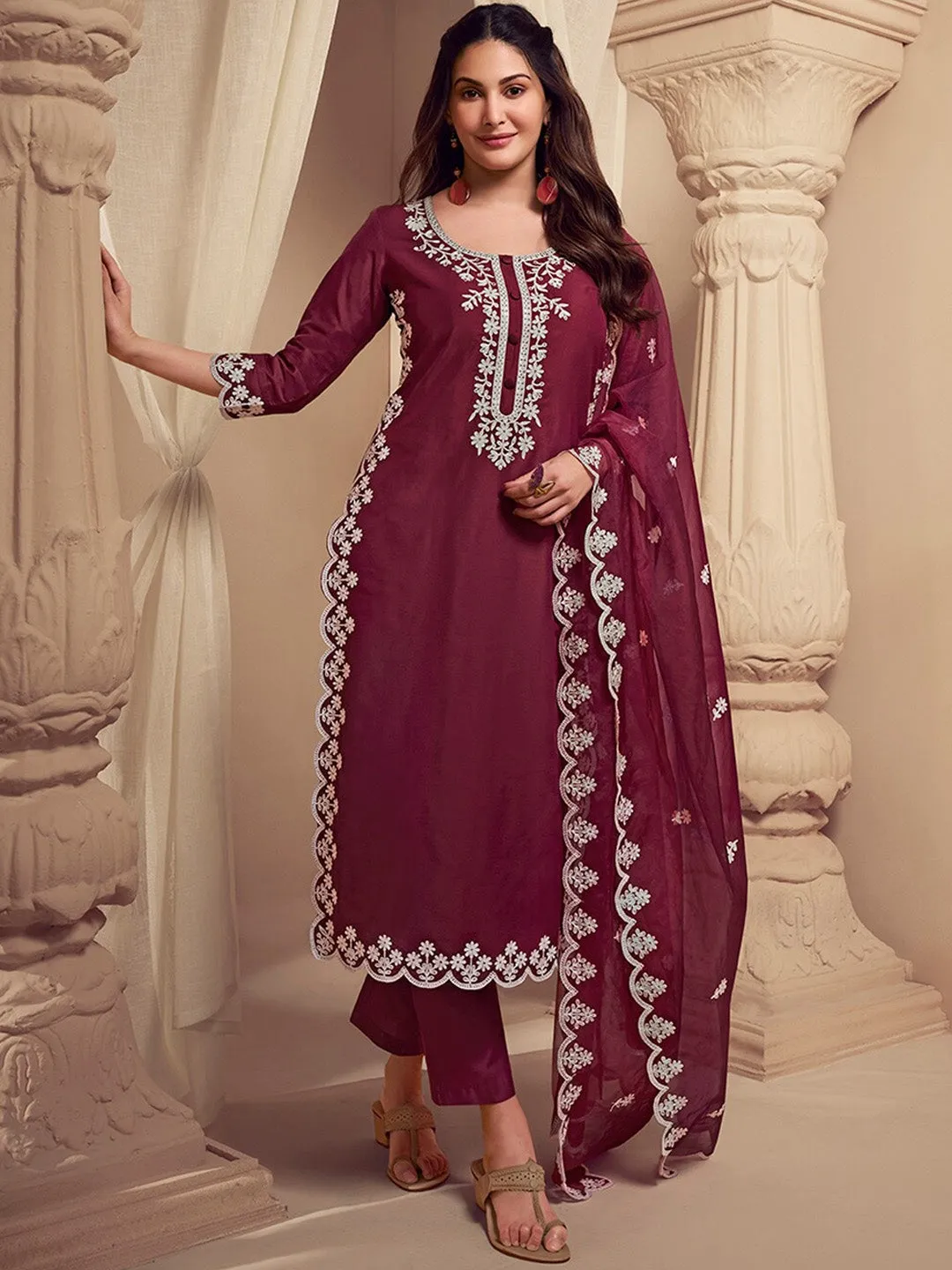 Amyra Dastur Burgundy Floral Regular Thread Work Pure Silk Straight Kurta with Trousers & Dupatta