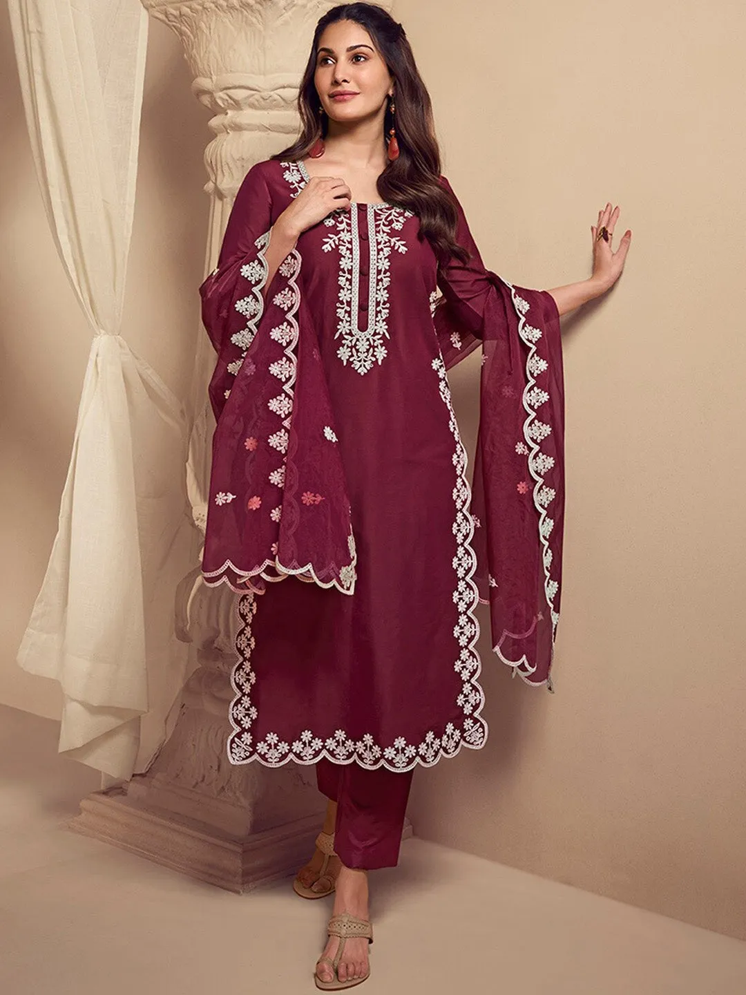 Amyra Dastur Burgundy Floral Regular Thread Work Pure Silk Straight Kurta with Trousers & Dupatta