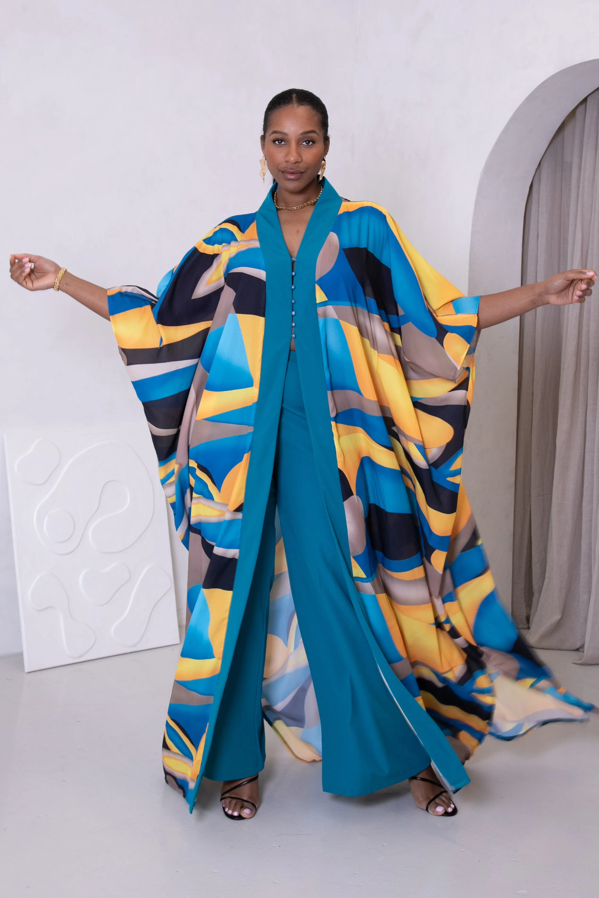 AREWA KAFTAN & TROUSERS SET - TEAL & YELLOW