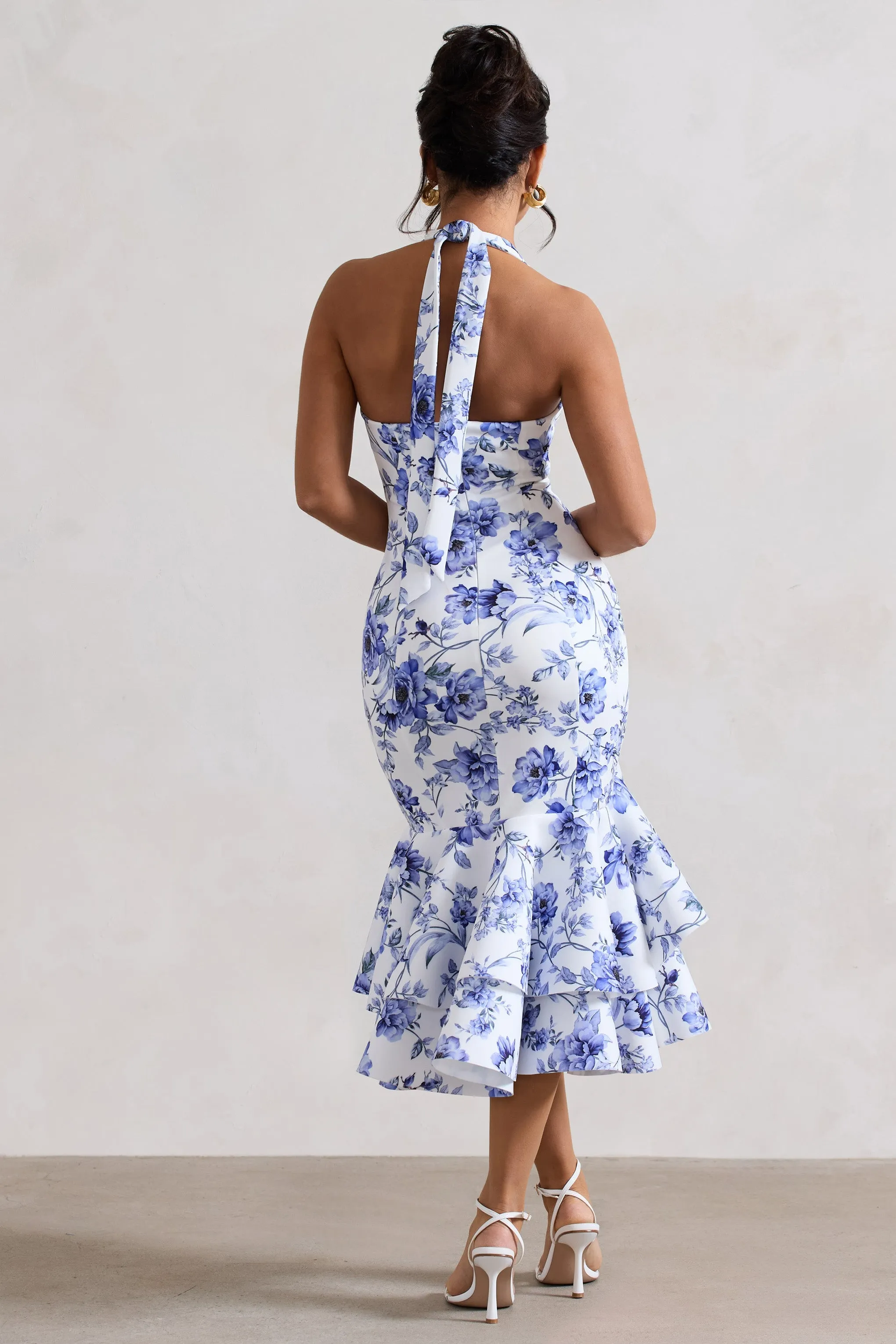 Arla | Blue Floral Halter-Neck Ruffle Trim Midi Dress