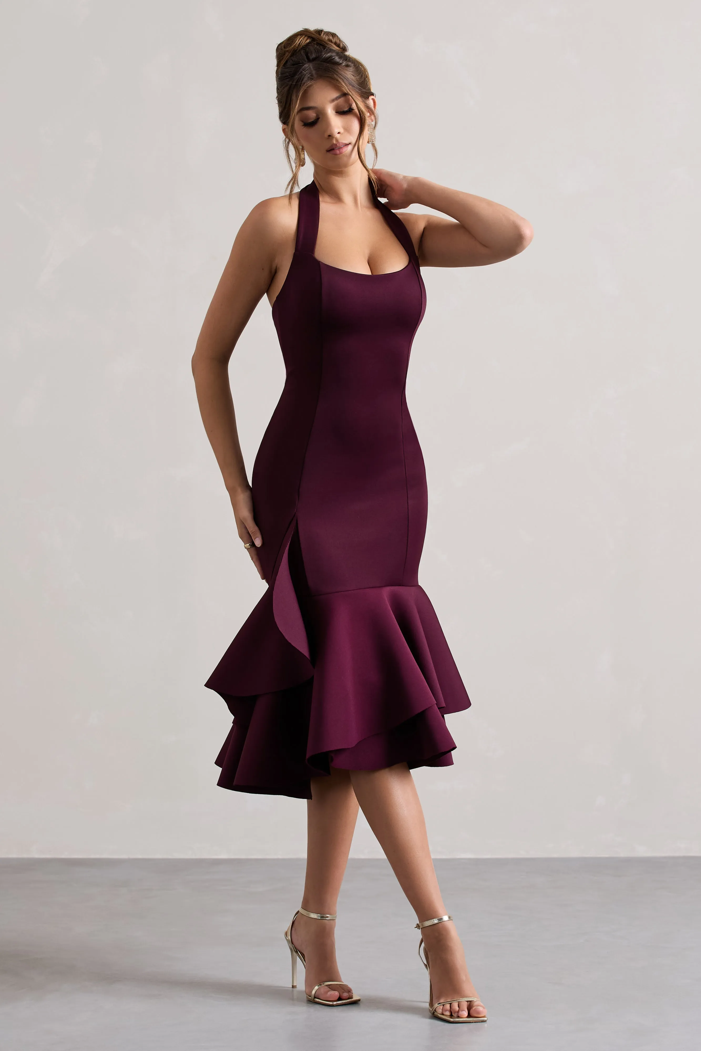 Arla | Plum Halter-Neck Ruffle Trim Midi Dress