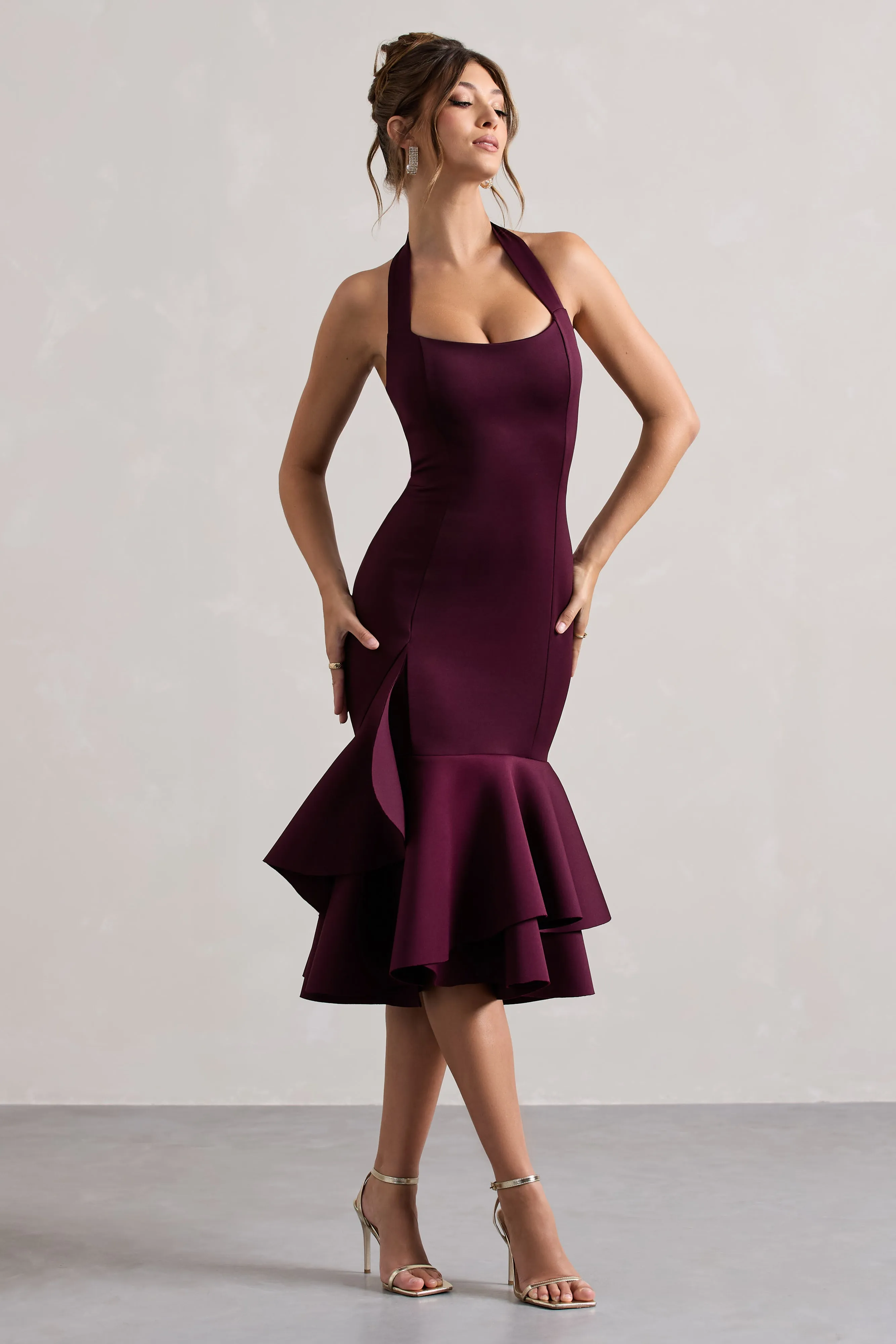 Arla | Plum Halter-Neck Ruffle Trim Midi Dress