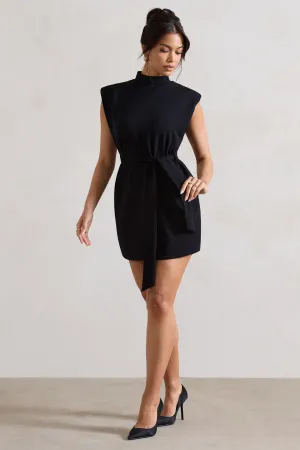 Asher | Black High-Neck Mini Dress With Tie Waist