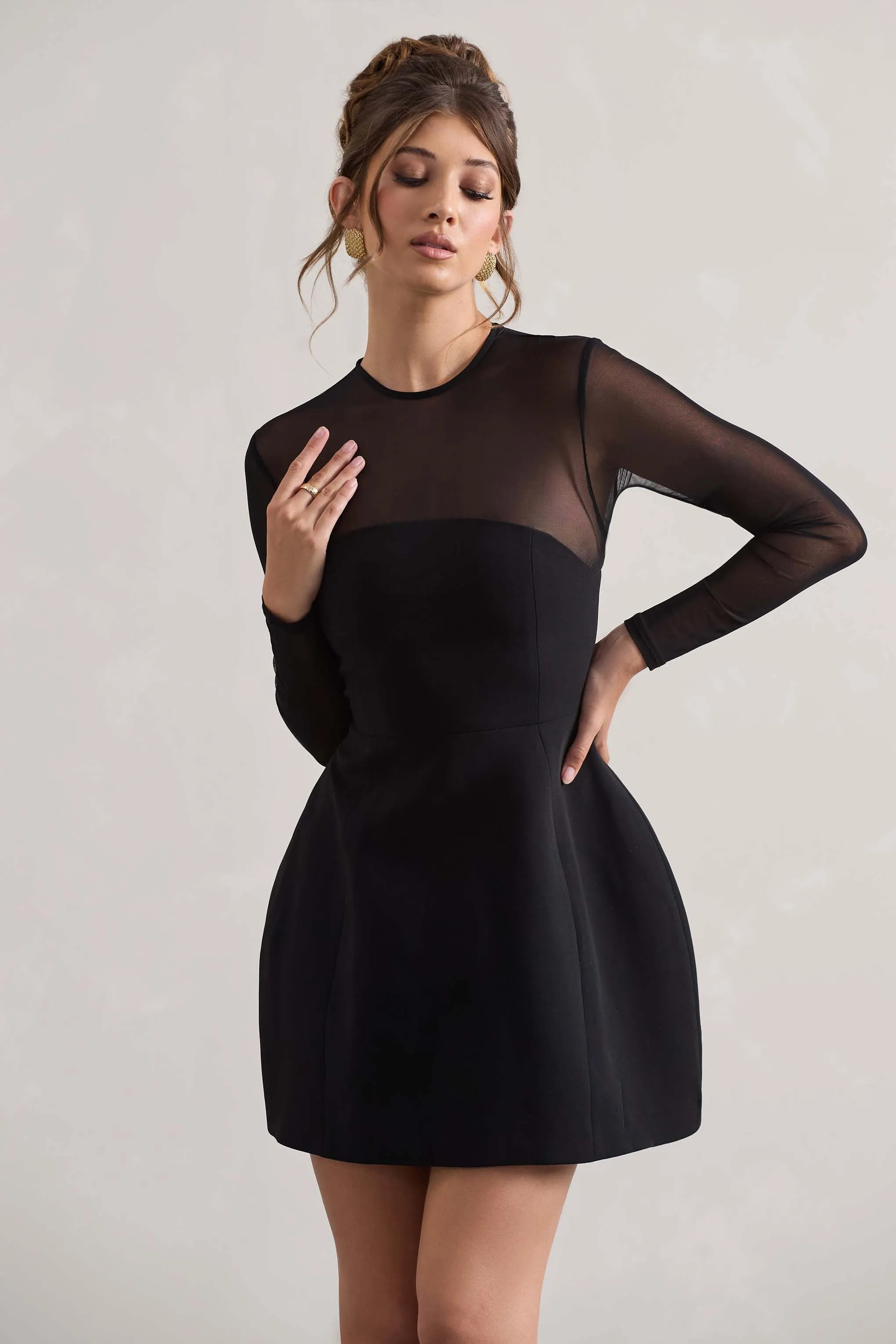 Austen | Black Mesh Long-Sleeve Mini Dress