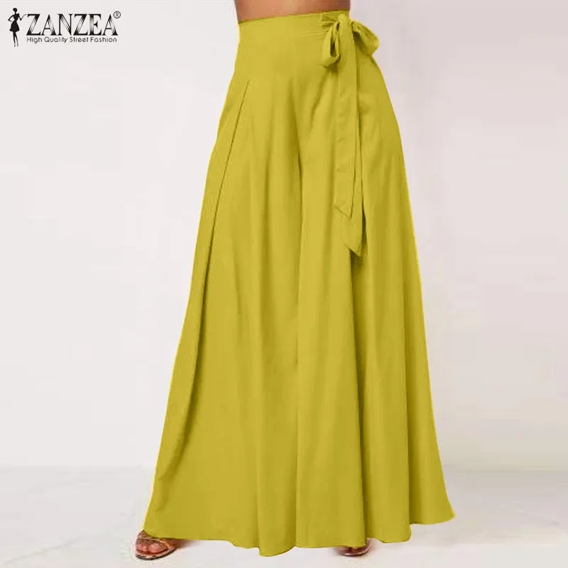 Autumn Solid Flare Trousers ZANZEA Elegant Wide Leg Pants Women Casual High Waist Pleated Long Pantalon Pants Streetwear