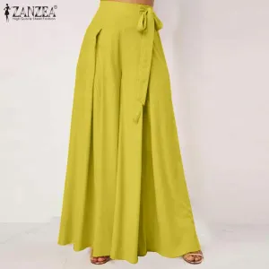 Autumn Solid Flare Trousers ZANZEA Elegant Wide Leg Pants Women Casual High Waist Pleated Long Pantalon Pants Streetwear