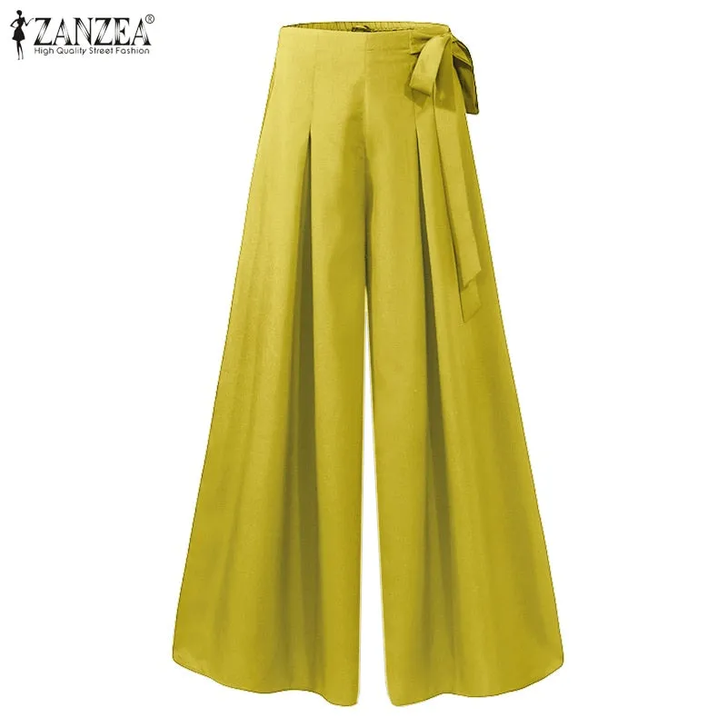 Autumn Solid Flare Trousers ZANZEA Elegant Wide Leg Pants Women Casual High Waist Pleated Long Pantalon Pants Streetwear