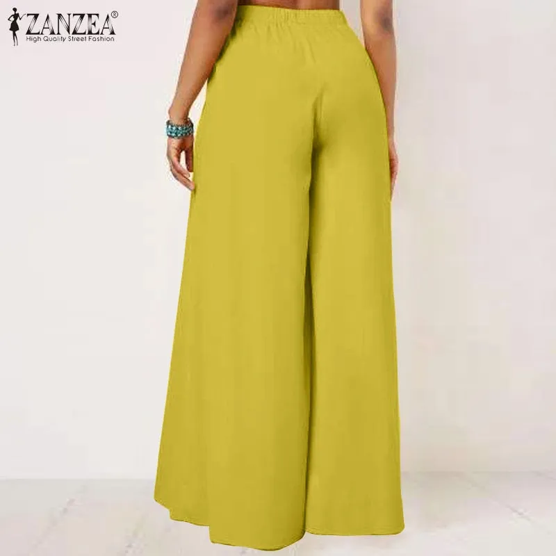 Autumn Solid Flare Trousers ZANZEA Elegant Wide Leg Pants Women Casual High Waist Pleated Long Pantalon Pants Streetwear