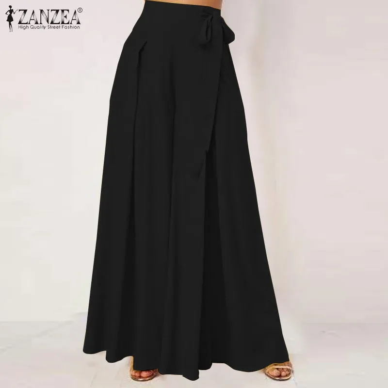 Autumn Solid Flare Trousers ZANZEA Elegant Wide Leg Pants Women Casual High Waist Pleated Long Pantalon Pants Streetwear