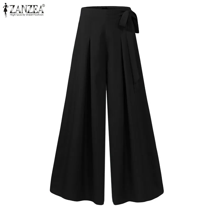 Autumn Solid Flare Trousers ZANZEA Elegant Wide Leg Pants Women Casual High Waist Pleated Long Pantalon Pants Streetwear