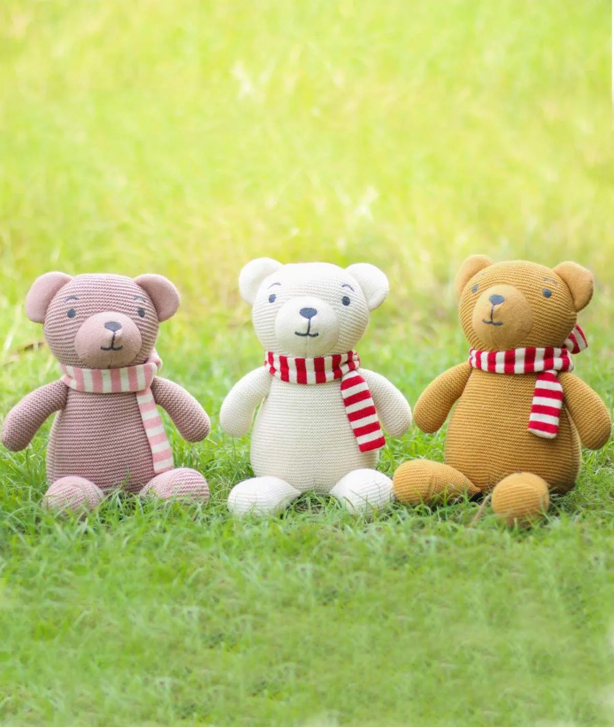 Baby Bear with Scarf Cotton Knitted Stuffed Soft Toy for Babies & Kids (Natural & Red)