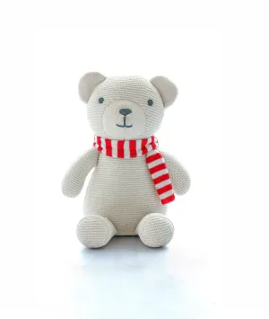 Baby Bear with Scarf Cotton Knitted Stuffed Soft Toy for Babies & Kids (Natural & Red)