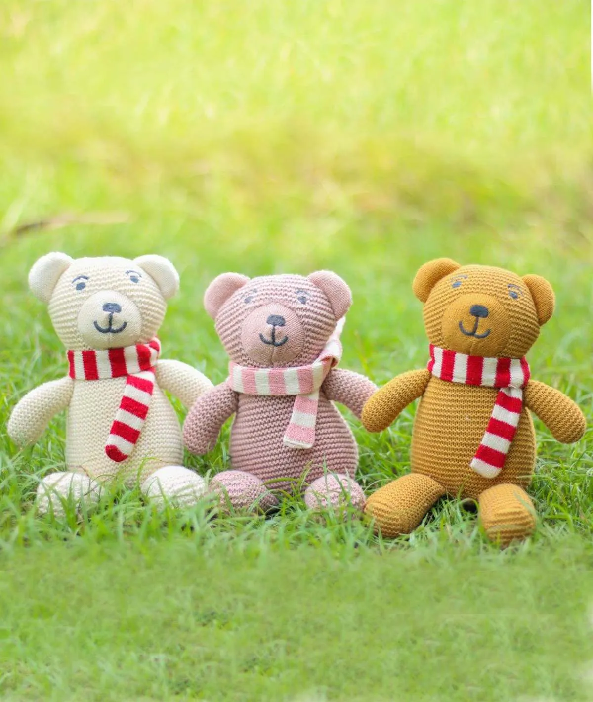 Baby Bear with Scarf Cotton Knitted Stuffed Soft Toy for Babies & Kids (Natural & Red)