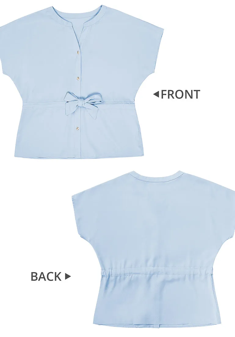 Baby Blue Women's Short Sleeve Office Blouse Button-Down Shirts