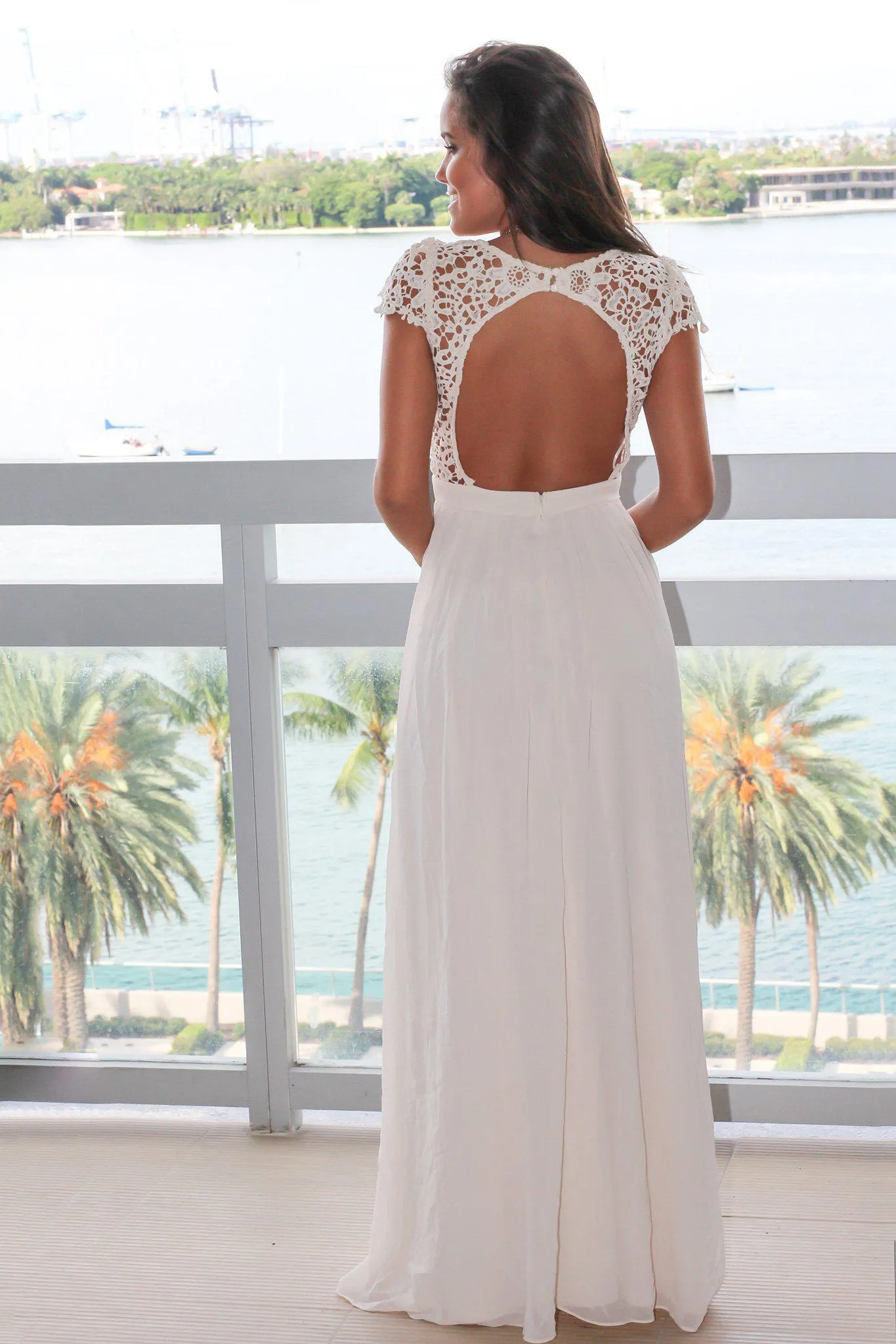 Beige Crochet Top Maxi Dress with Open Back