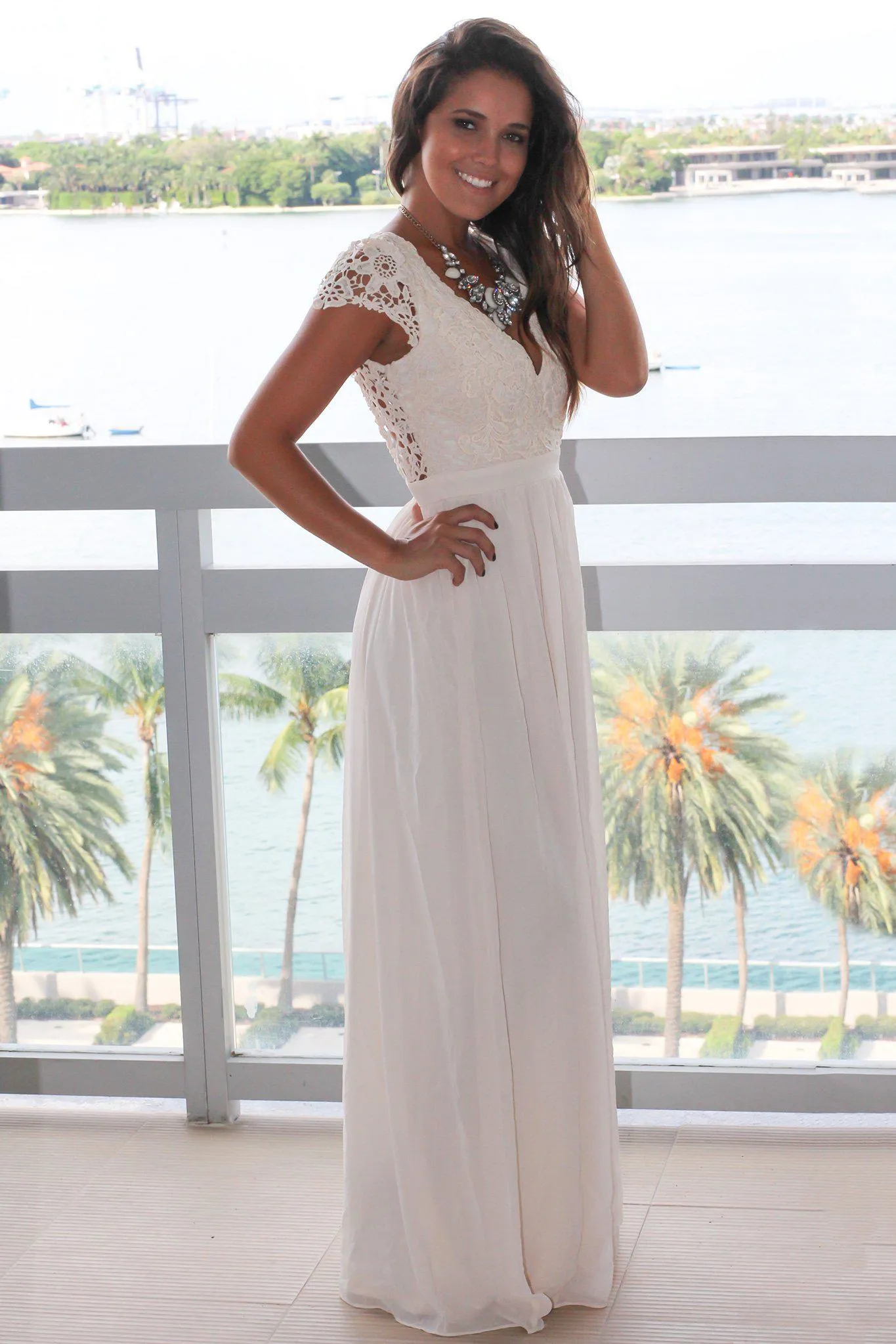 Beige Crochet Top Maxi Dress with Open Back