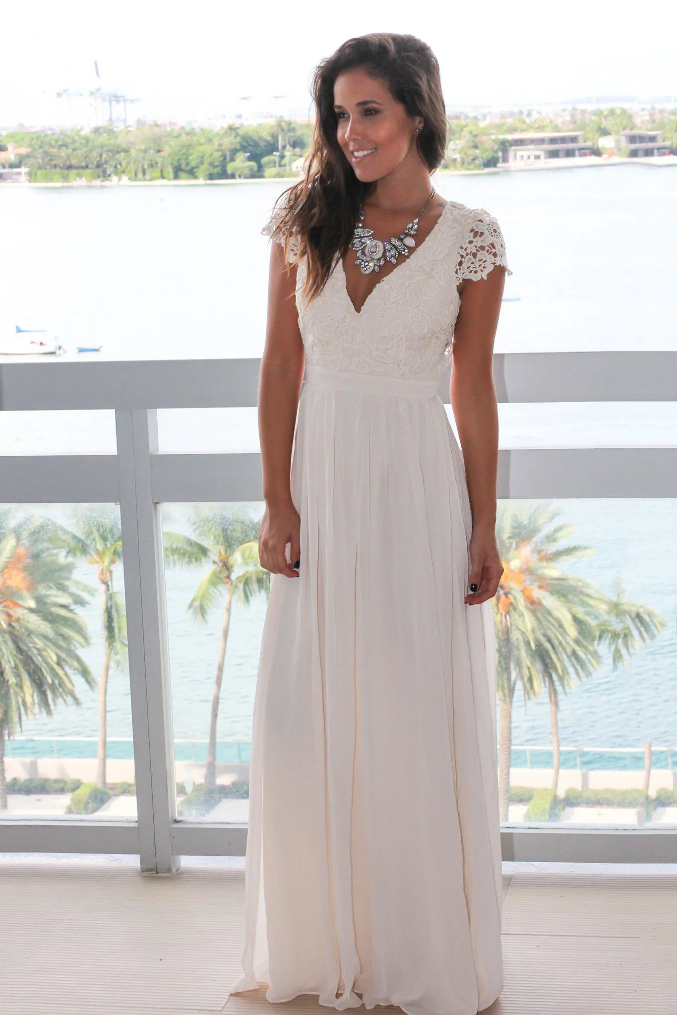 Beige Crochet Top Maxi Dress with Open Back