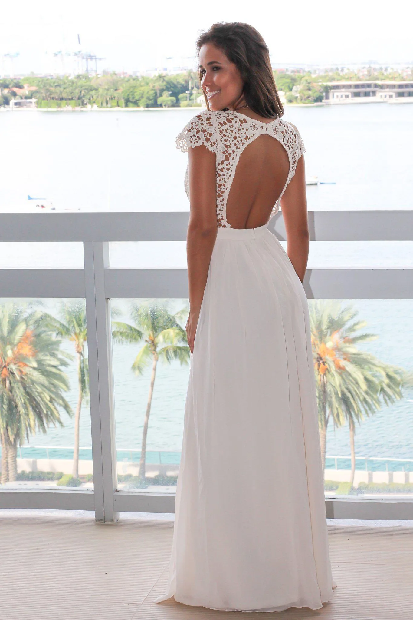 Beige Crochet Top Maxi Dress with Open Back