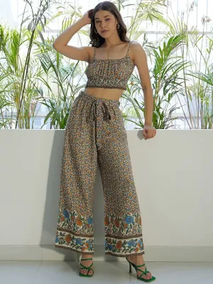 Berrylush Women Beige, Blue, & Orange Floral Printed Round Neck Waist Tie-Up Crop Top & Wide-Leg Trousers Co-Ordinate Set