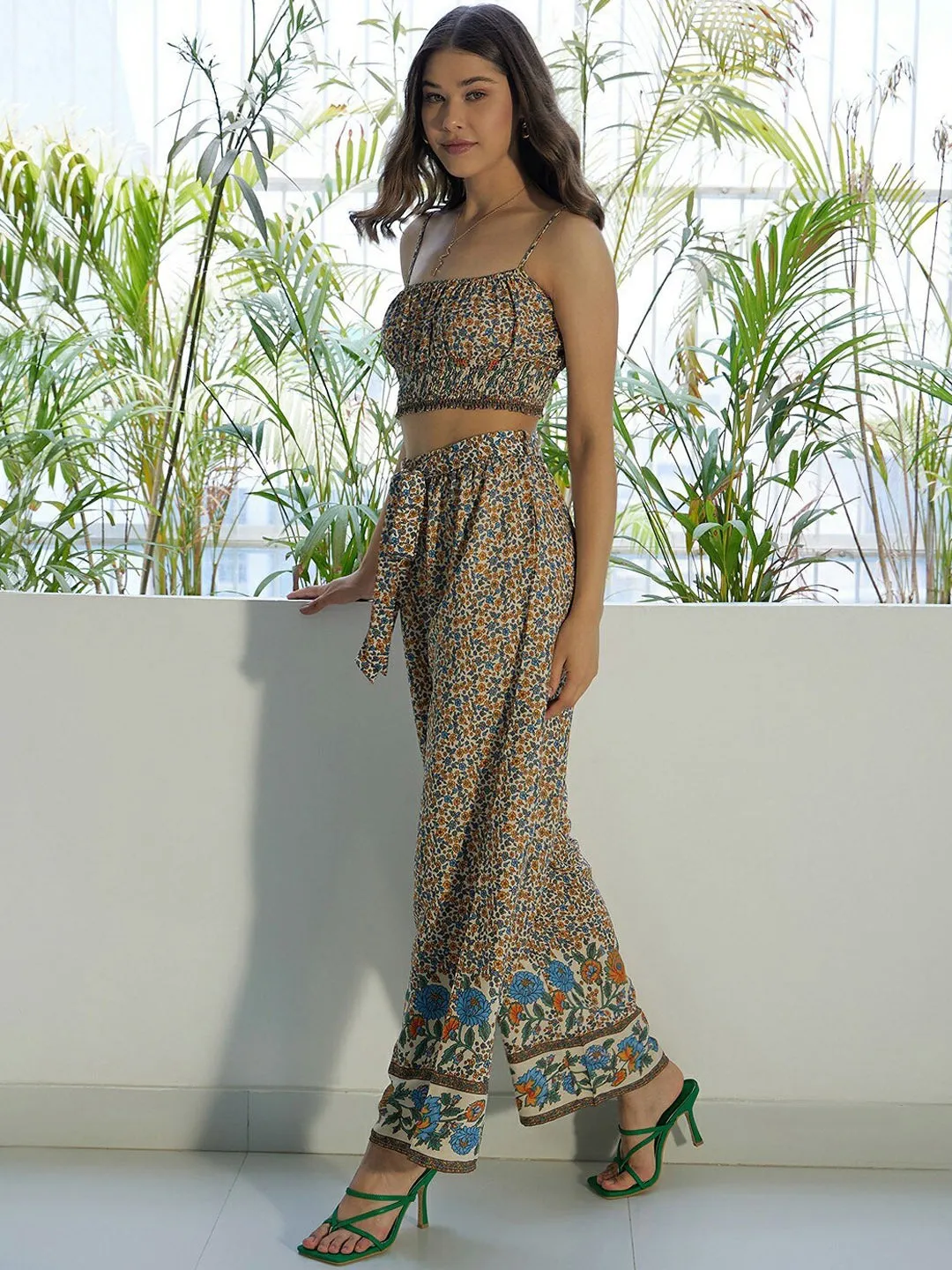 Berrylush Women Beige, Blue, & Orange Floral Printed Round Neck Waist Tie-Up Crop Top & Wide-Leg Trousers Co-Ordinate Set