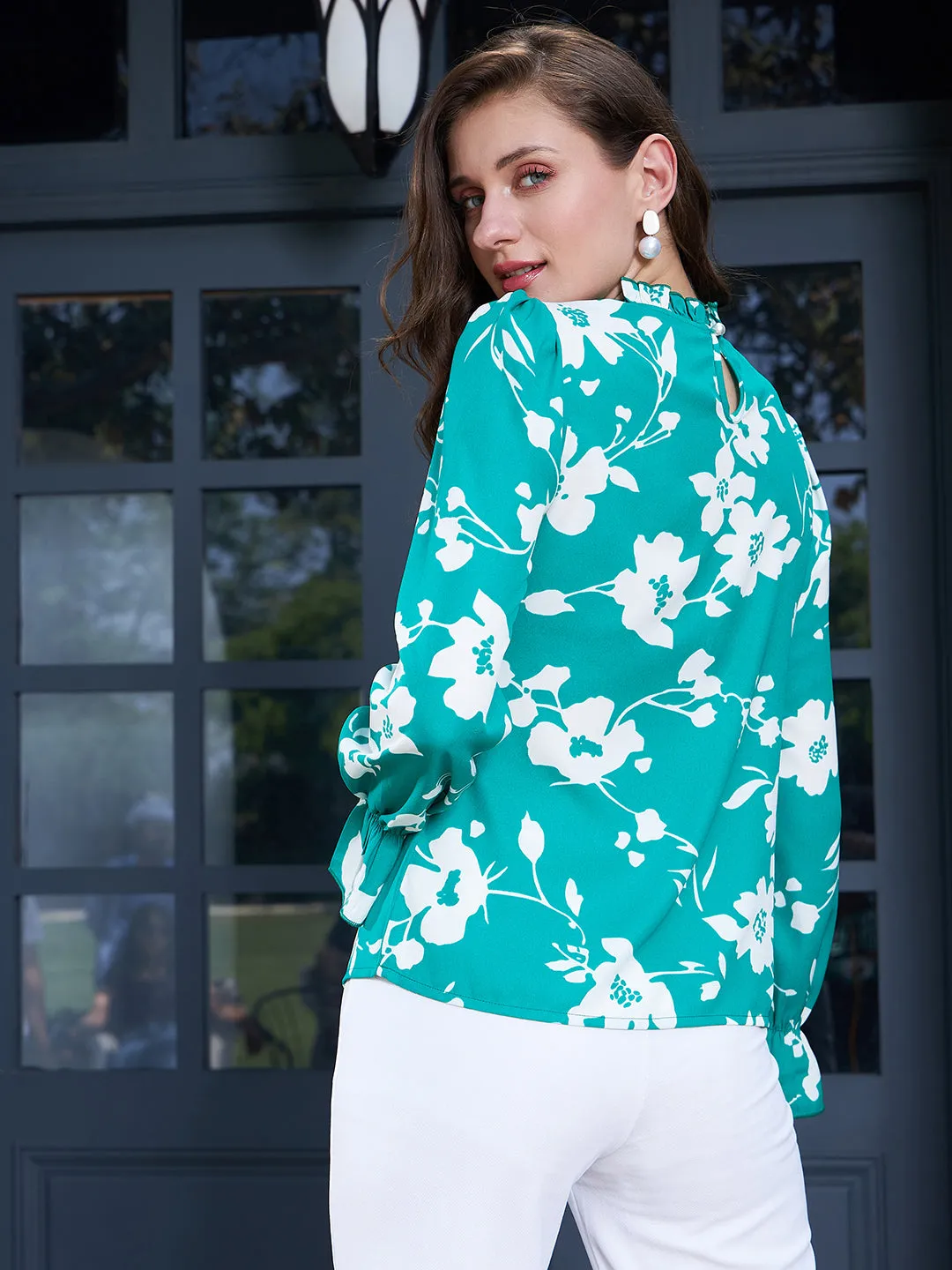 Berrylush Women Green & White Floral Printed High Neck Bell Sleeves Crepe Button-Up Regular Top