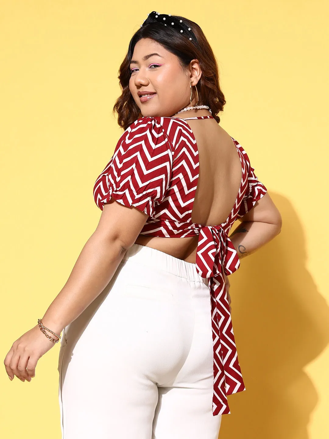 Berrylush Women Plus Size Maroon & White Chevron Pattern Square Neck Crepe Tie-Up Backless Blouson Cropped Top