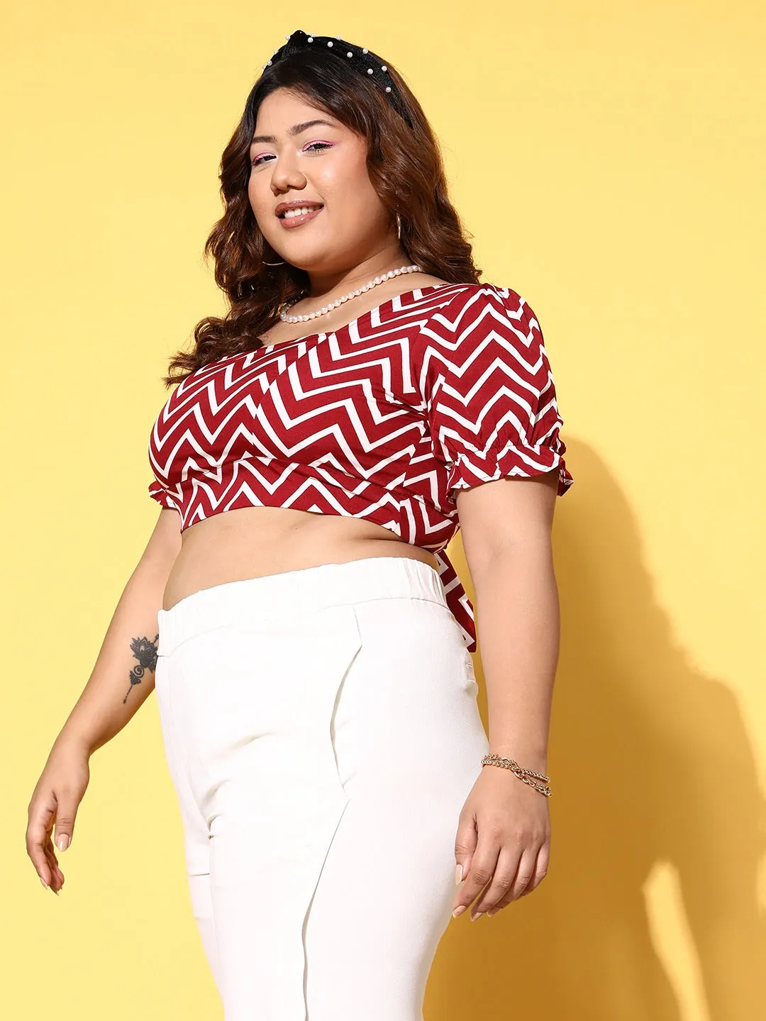 Berrylush Women Plus Size Maroon & White Chevron Pattern Square Neck Crepe Tie-Up Backless Blouson Cropped Top