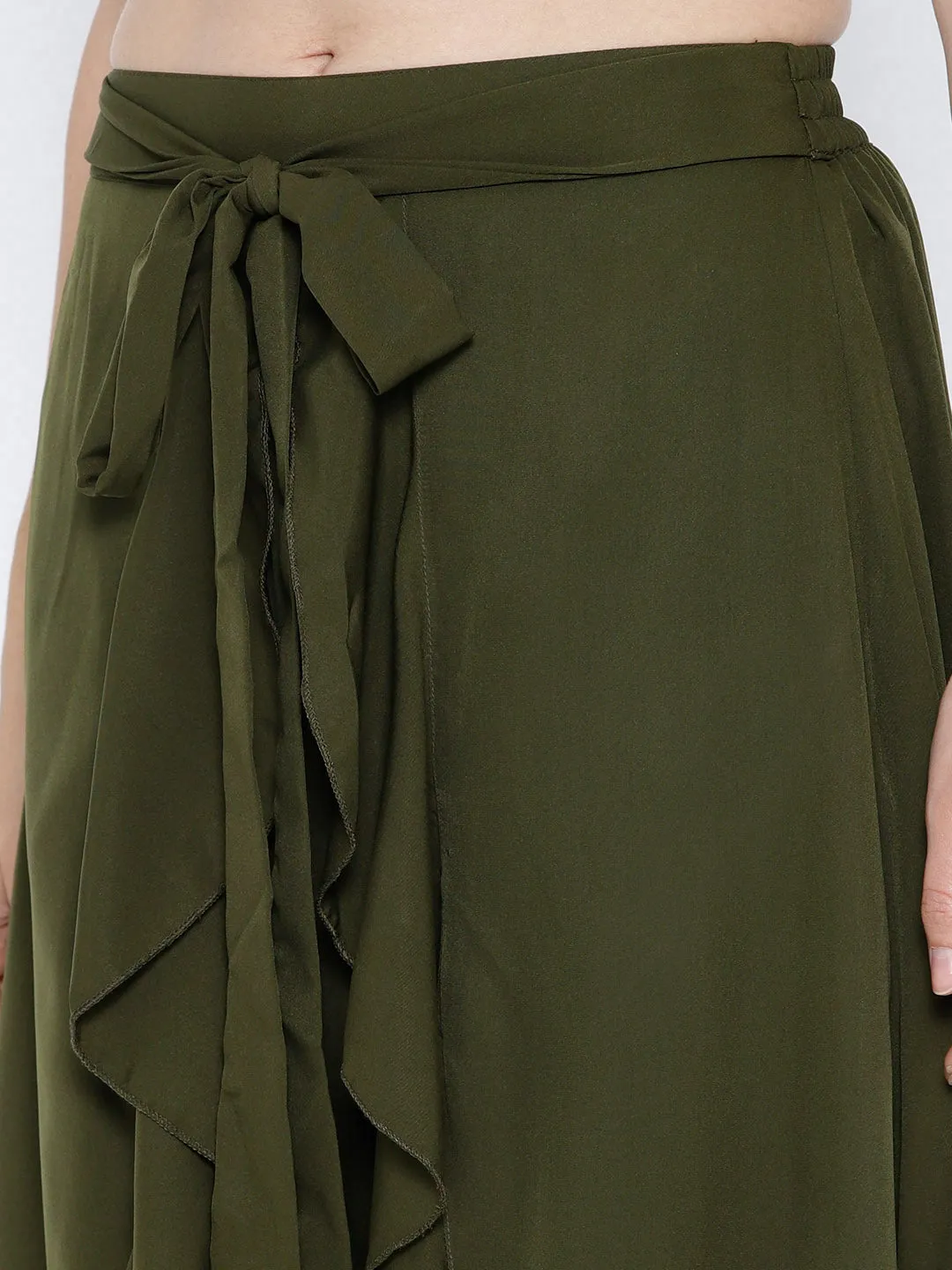 Berrylush Women Solid Olive Green Waist Tie-Up Ruffled Maxi Skirt with Attached Trousers