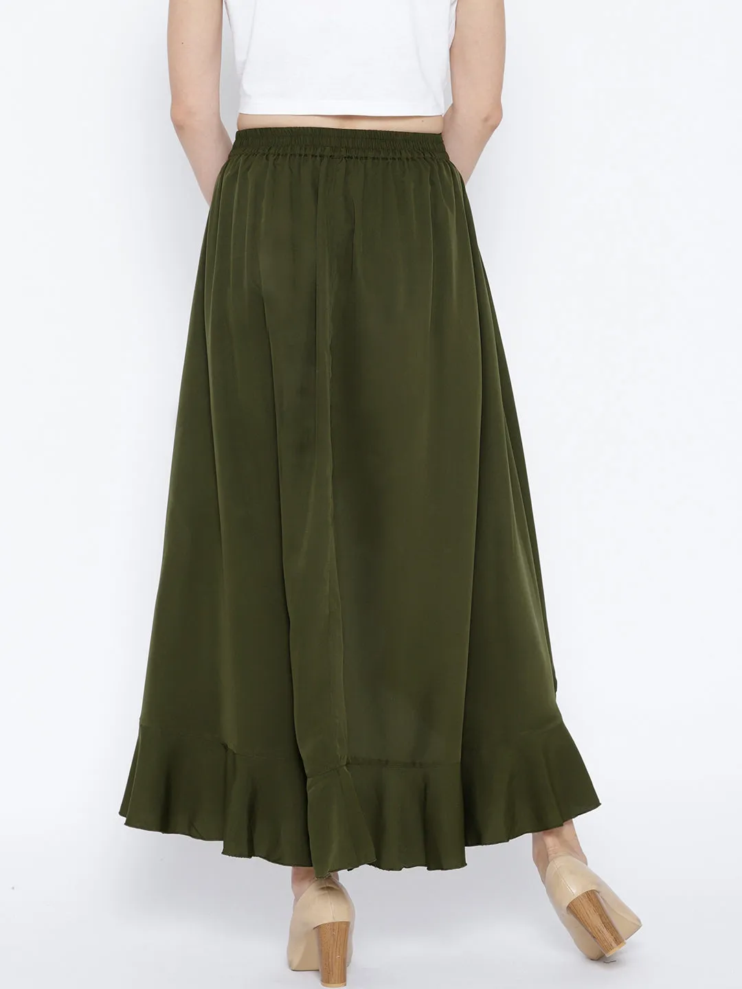 Berrylush Women Solid Olive Green Waist Tie-Up Ruffled Maxi Skirt with Attached Trousers