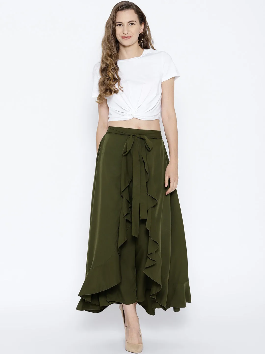 Berrylush Women Solid Olive Green Waist Tie-Up Ruffled Maxi Skirt with Attached Trousers