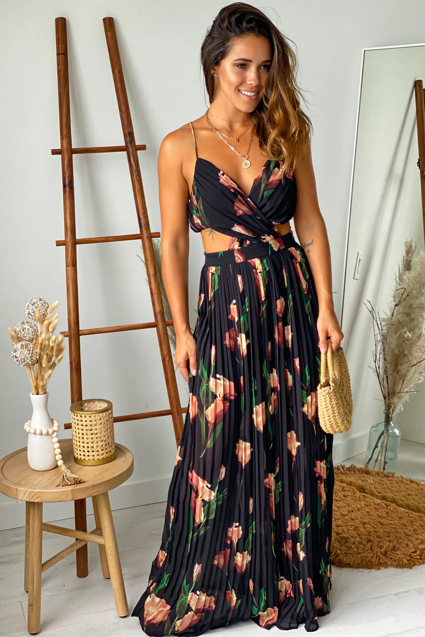 Black Floral Pleated Maxi Dress