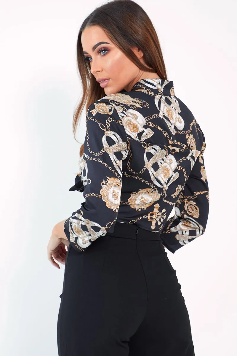 Black Gold Chain Print Tie Front Blouse - Melika