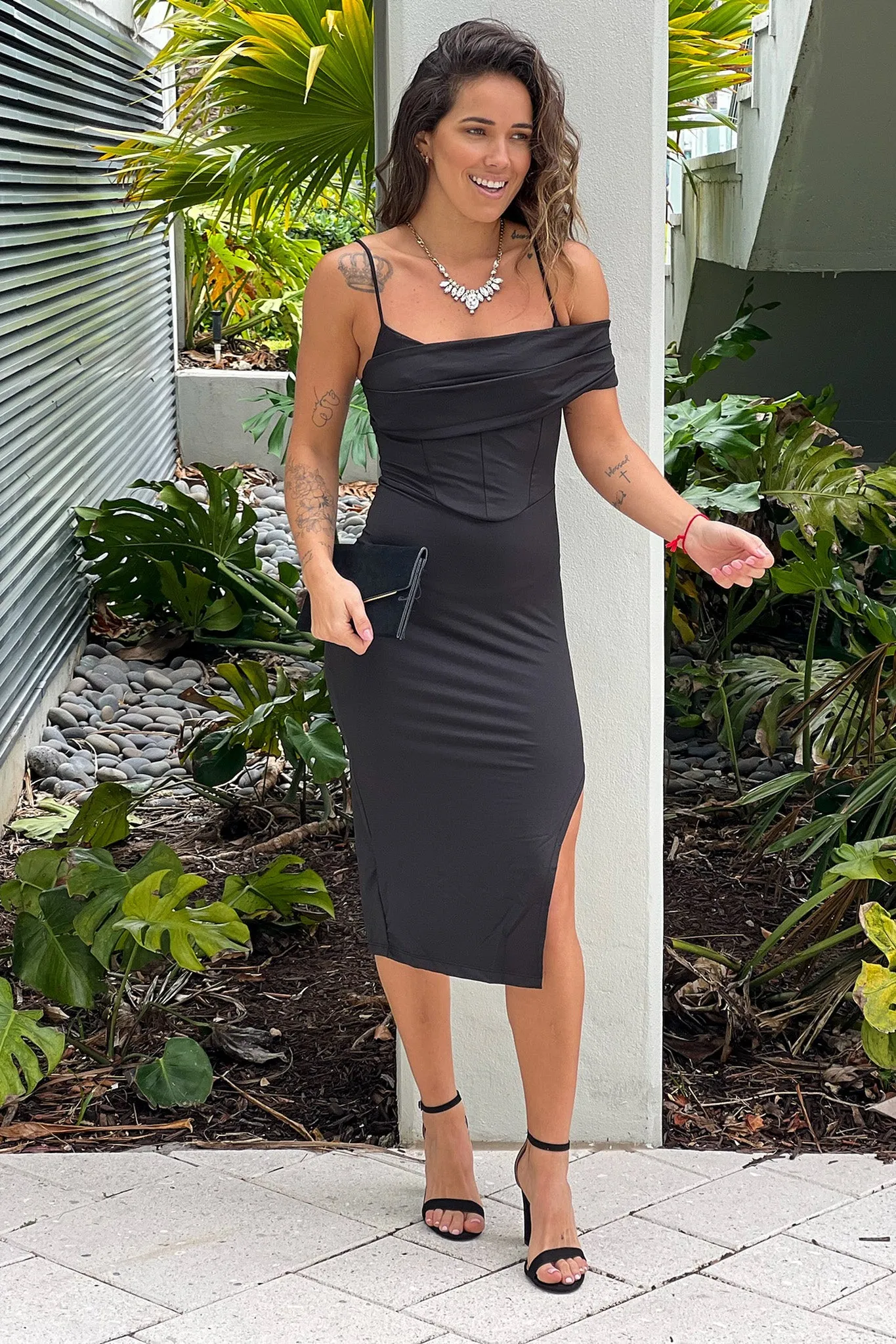 Black Off Shoulder Midi Dress With Slit