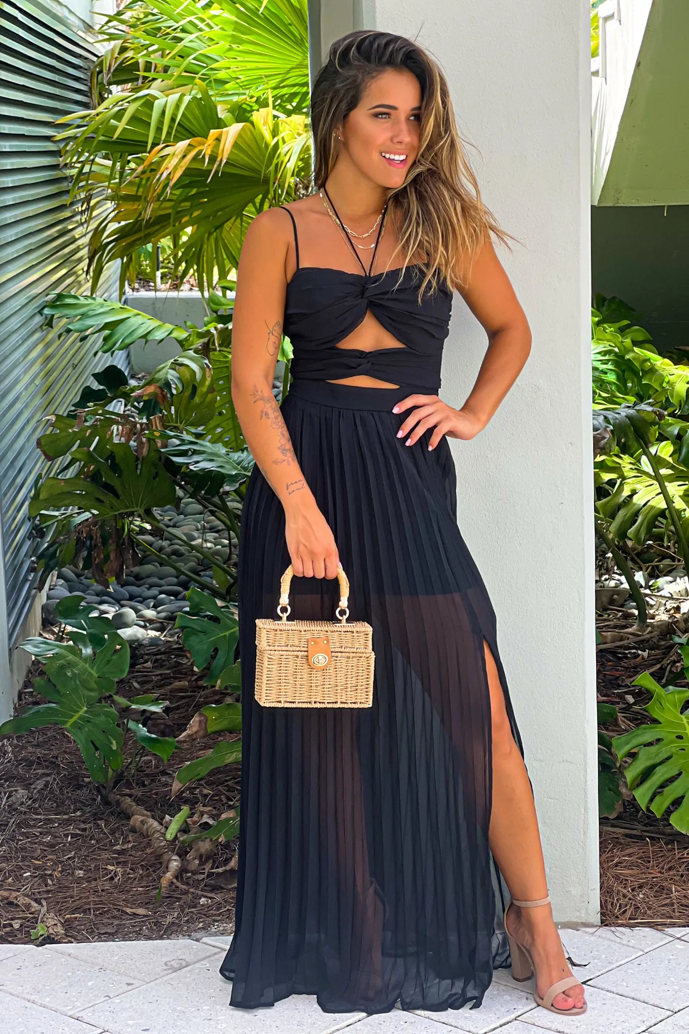 Black Pleated Maxi Dress With Cut Out Front