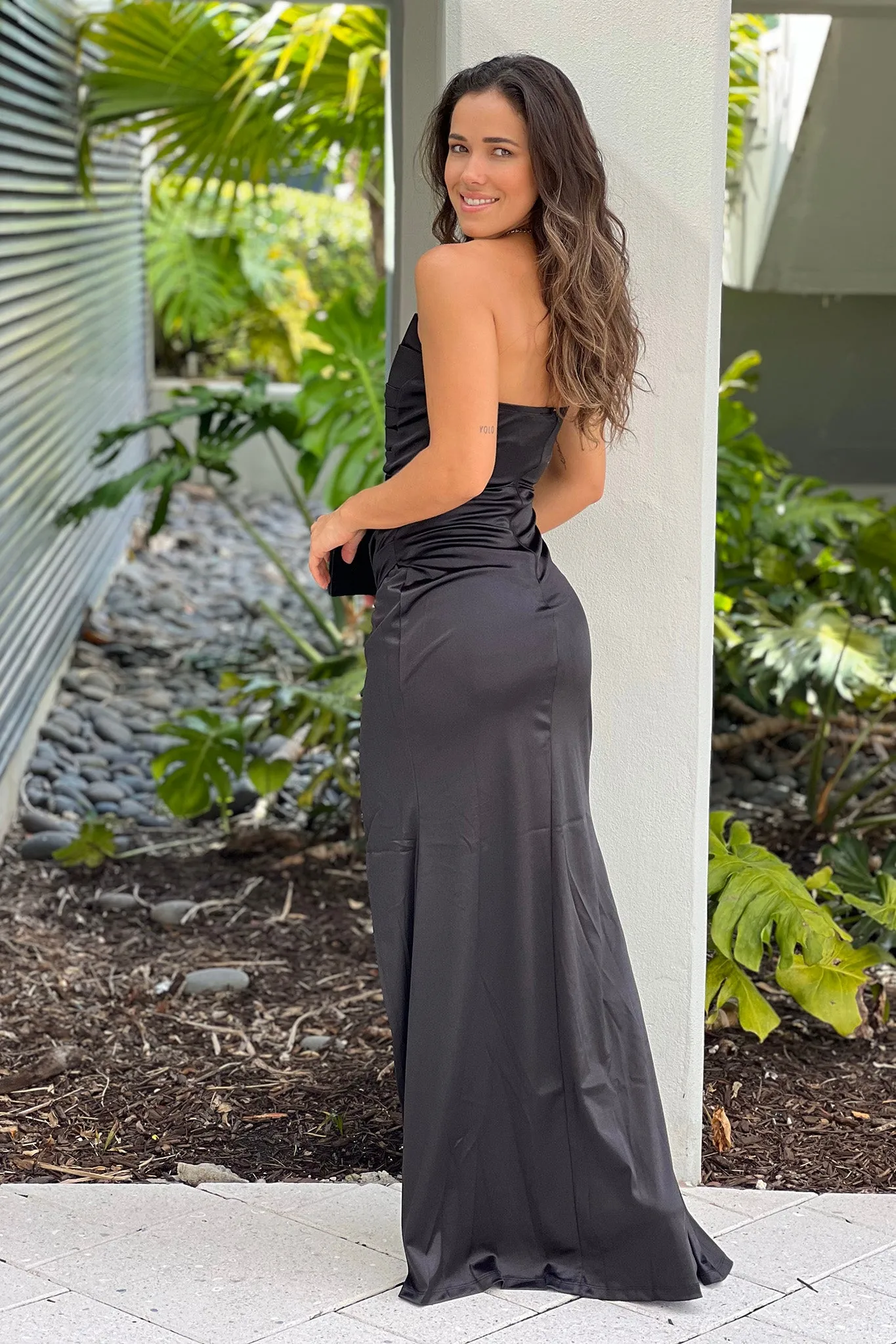 Black Strapless Pleated Maxi Dress