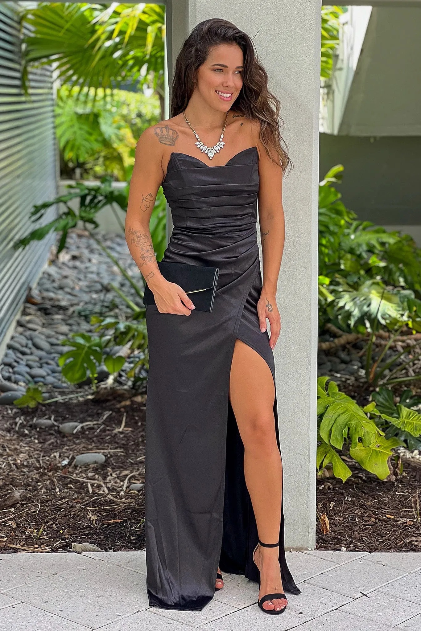 Black Strapless Pleated Maxi Dress