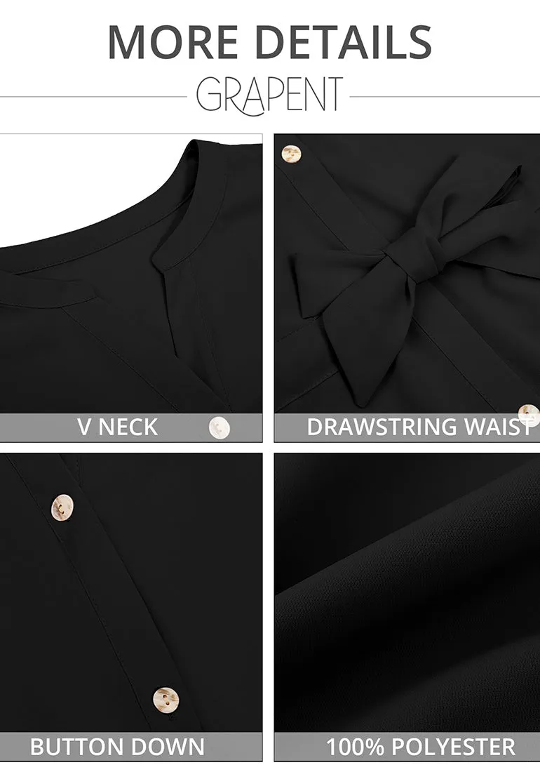 Black Women's Short Sleeve Office Blouse Button-Down Shirts