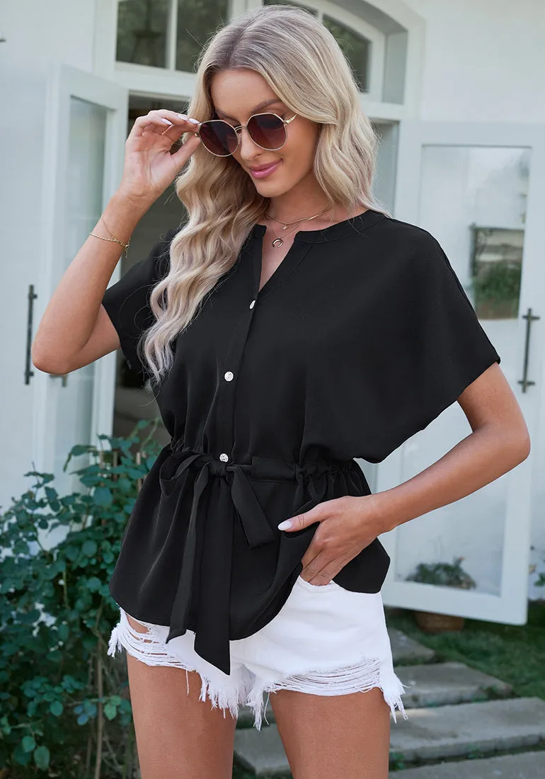 Black Women's Short Sleeve Office Blouse Button-Down Shirts