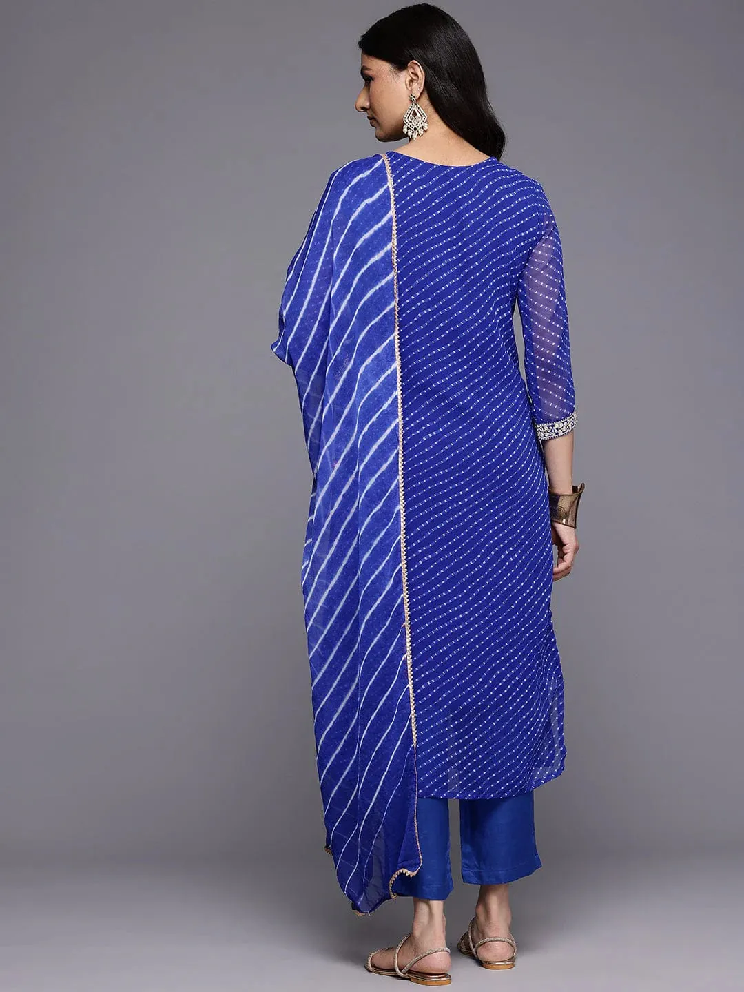 Blue Bandhani Zari & Sequins Embroidered Silk Georgette Kurta with Shatoon Botton and a Silk Chiffon Dupatta