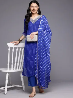 Blue Bandhani Zari & Sequins Embroidered Silk Georgette Kurta with Shatoon Botton and a Silk Chiffon Dupatta